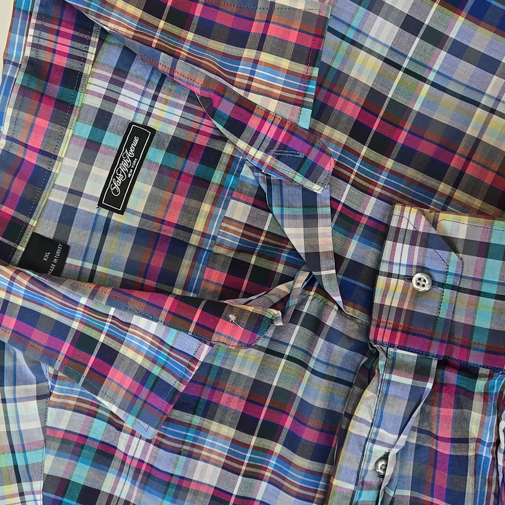 Saks Fifth Avenue Men’s XXL Plaid Linen Cotton Button‎ Down Shirt 52” Chest
